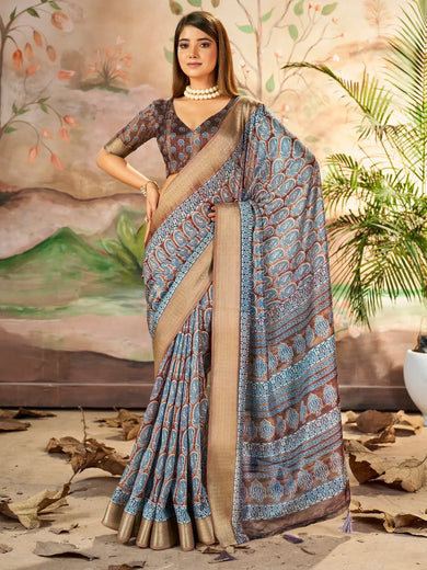 Marvelous Brown Printed Dola Silk Office Wear Saree With Blouse